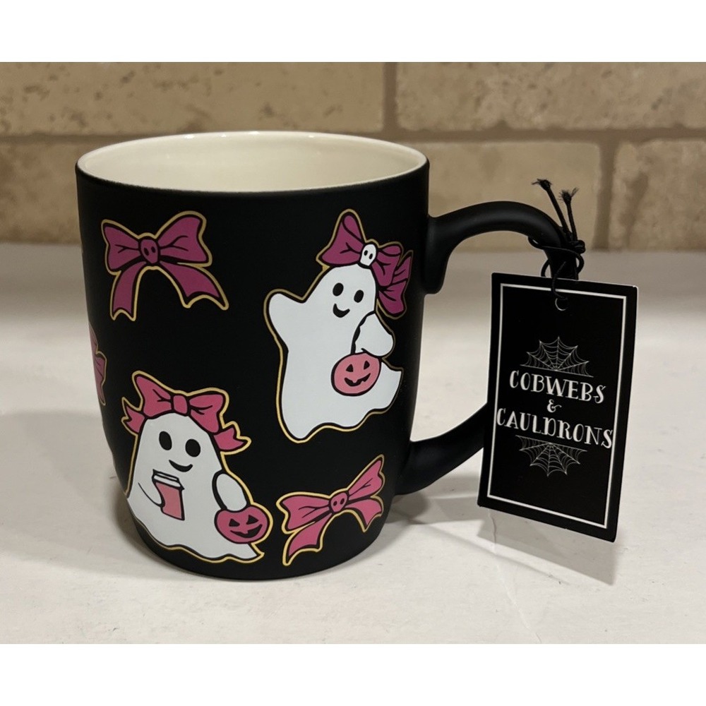 New Cobwebs & Cauldrons Black Mug Halloween White Ghost Pink Bow